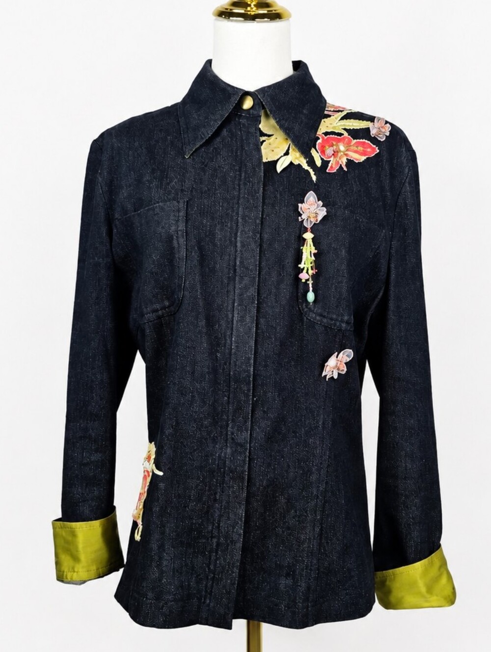 Mary Frances Embellished Denim Jacket Beaded Floral Appliqué Art to Wear Small
